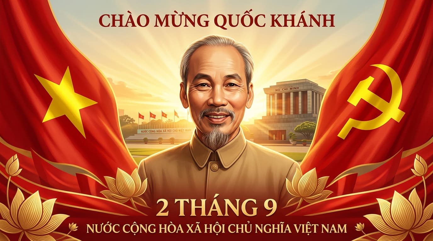 Chào mừng 81 năm Quốc khánh Việt Nam 2/9/1945 - 2/9/2026 - Chủ tịch Hồ Chí Minh cùng Cờ Đảng và Cờ Tổ quốc